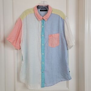 Nautica Mens 100% Linen Pastel Colorblock Button Up Short Sleeve Shirt Pocket XL